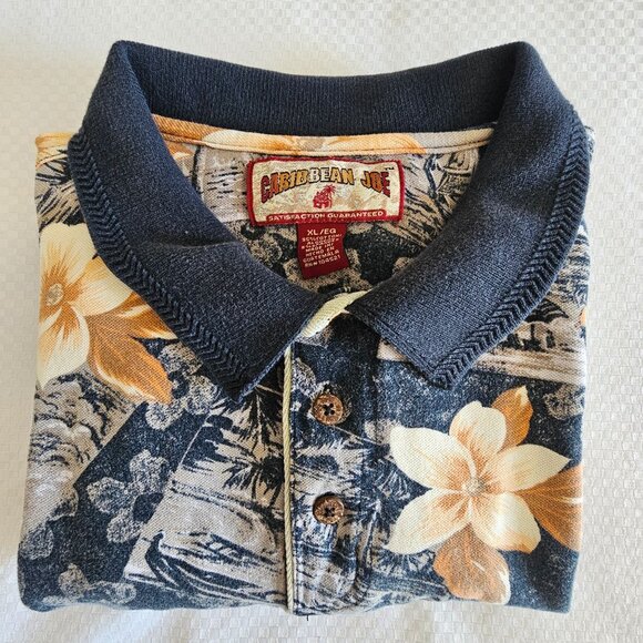 Caribbean Joe Mens Hawaiian Floral Polo Shirt XL Navy/Orange Cotton Blend - Picture 7 of 7